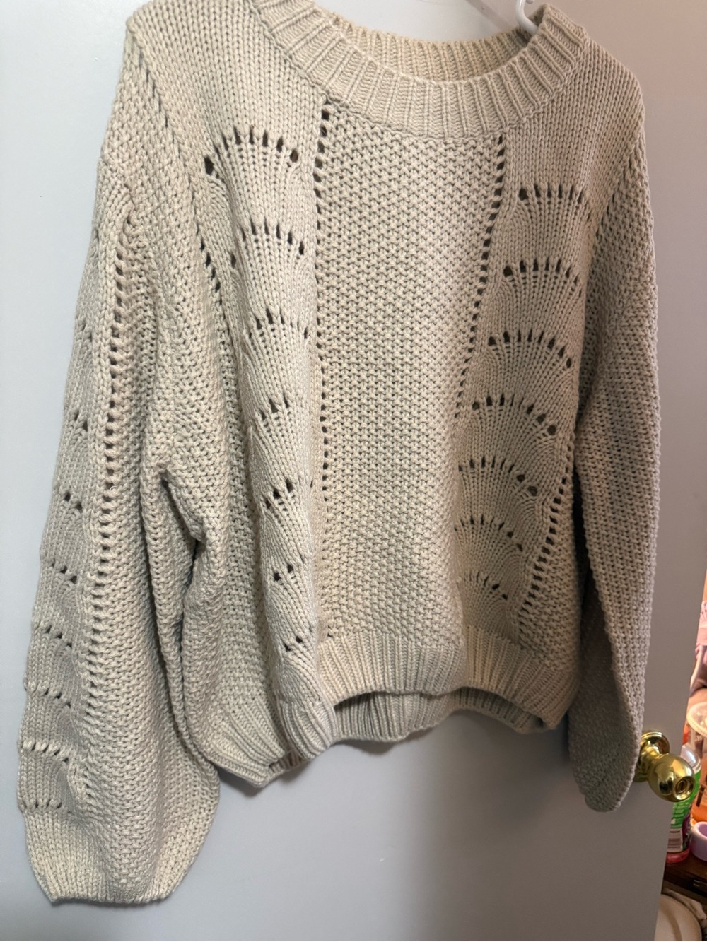 Kori America Cream Open-Knit Crewneck Sweater